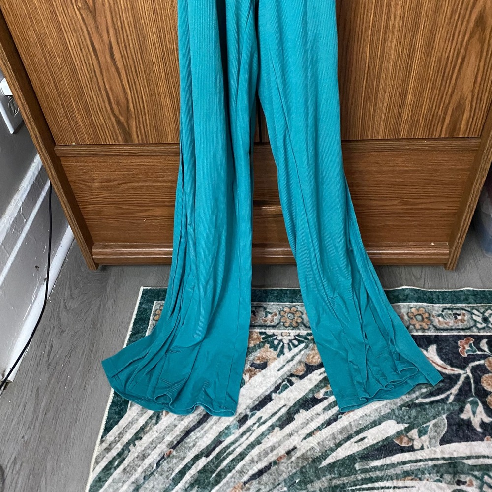 Niay Ribbed Wide Leg Jumpsuit Womens L Teal Cowl Neck Lace Up Back Slit - Picture 8 of 8